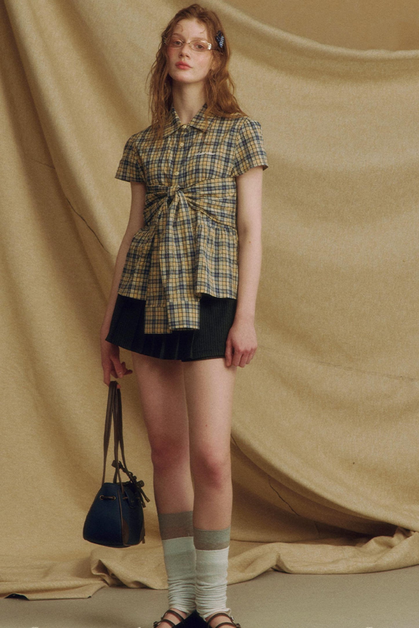 Chic Plaid Bow Tie Blouse