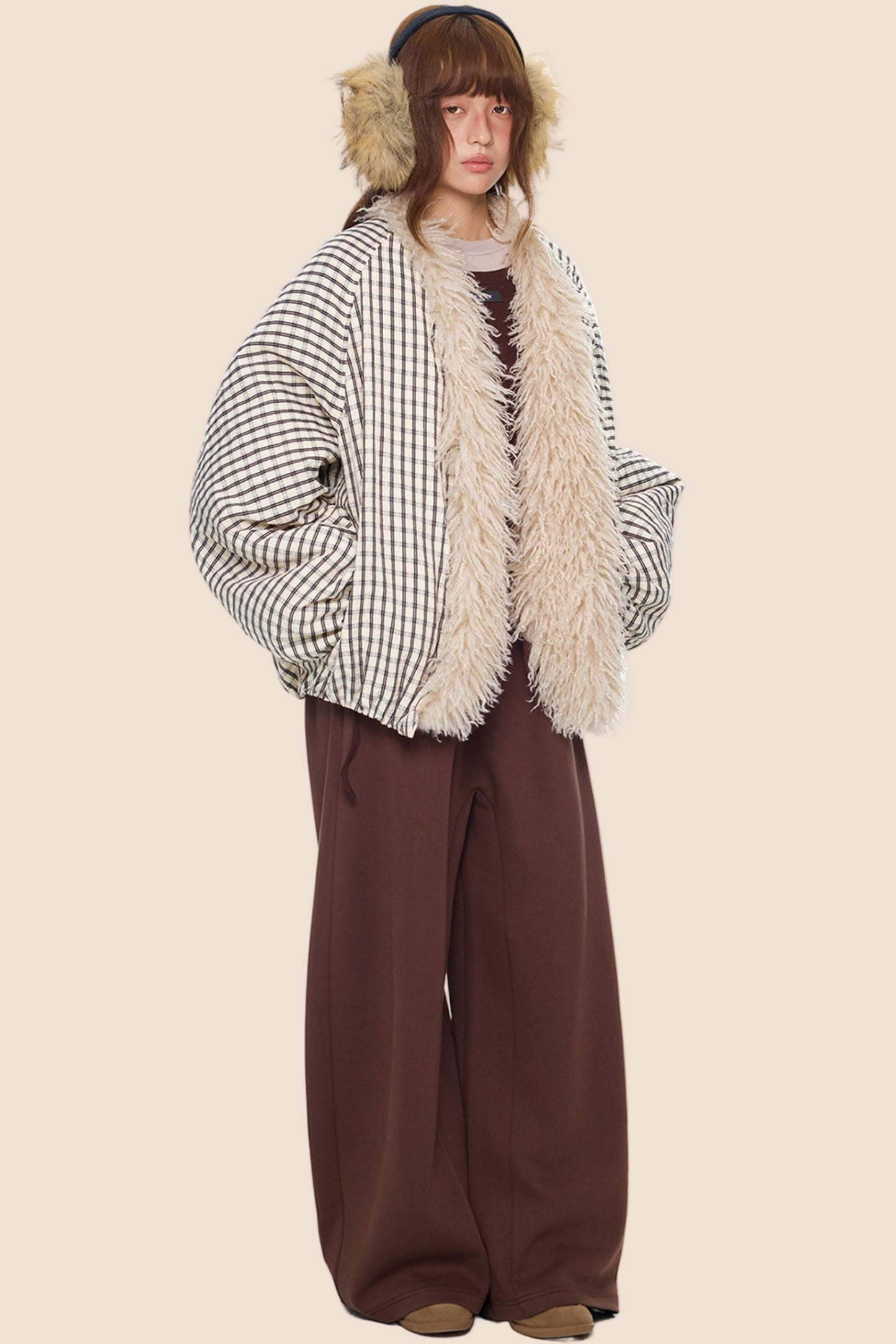 Plaid Fur Collar Jacket