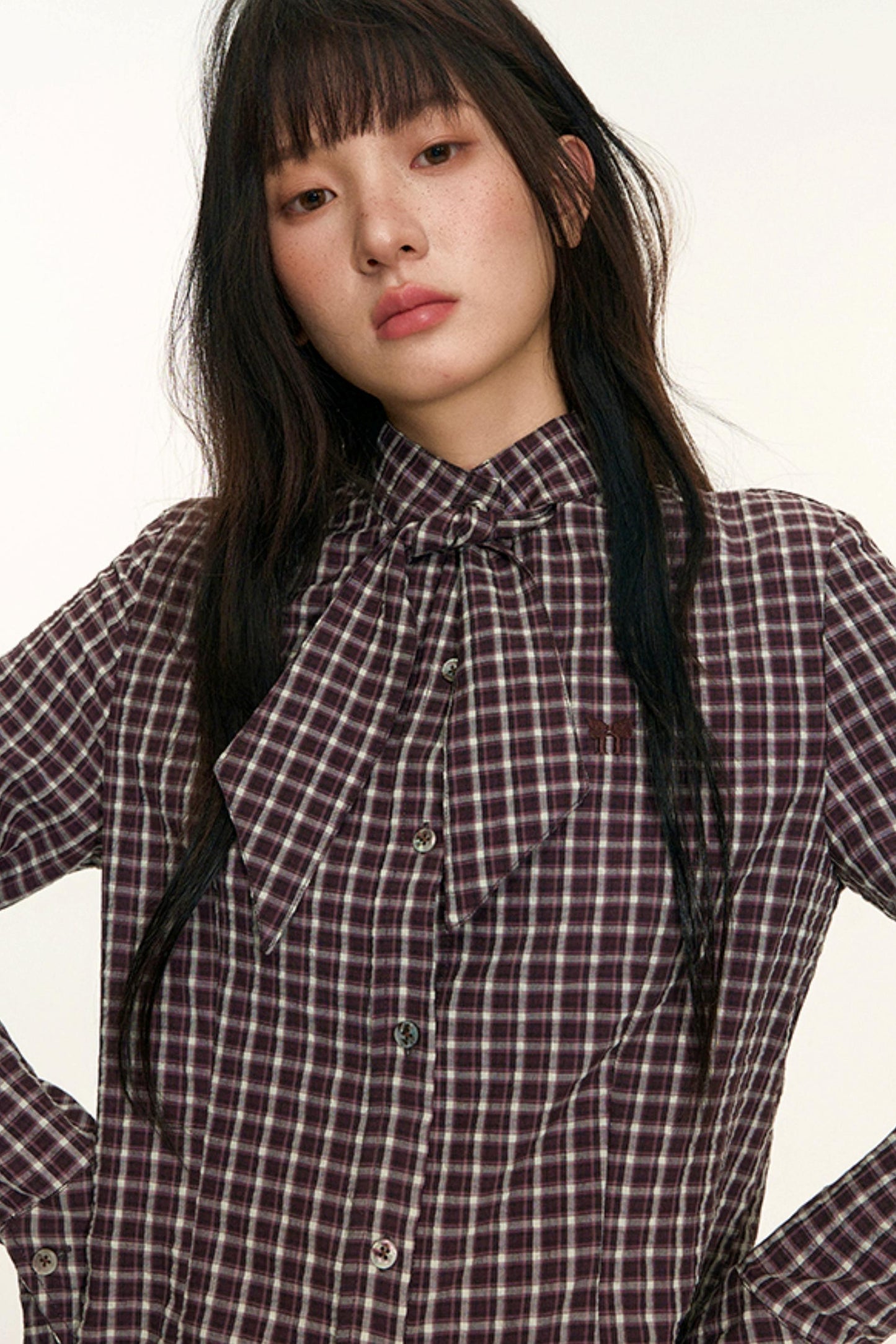 Original Plaid Embroidered Lace-Up Long Sleeve Shirt