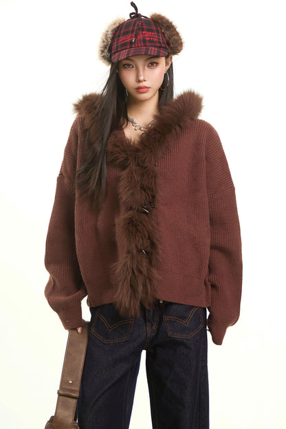 Retro Gray Fur Collar Cardigan Jacket