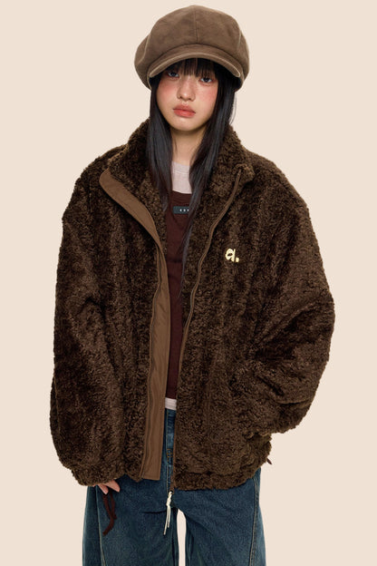 Embroidered Fleece Stand Collar Jacket