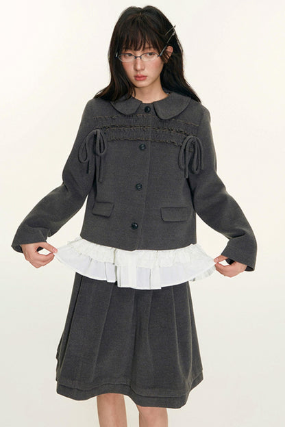 College Ruffle Woolen Suit Skirt Set-Up