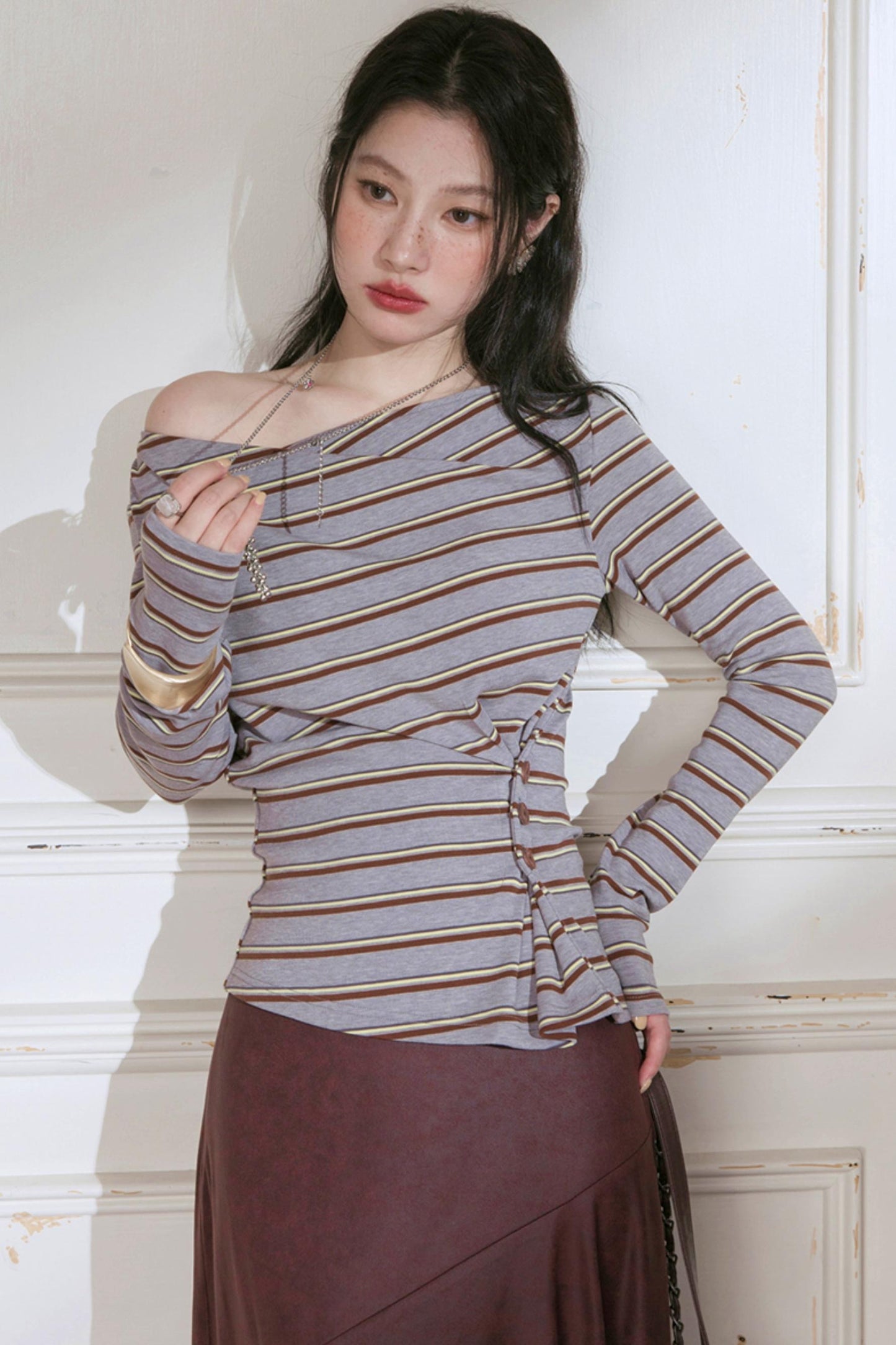 Soft Gray and Yellow Striped Knitted T-Shirt
