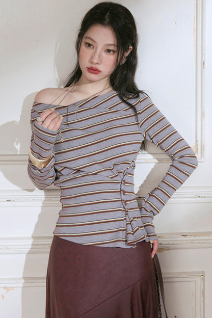 Soft Gray and Yellow Striped Knitted T-Shirt