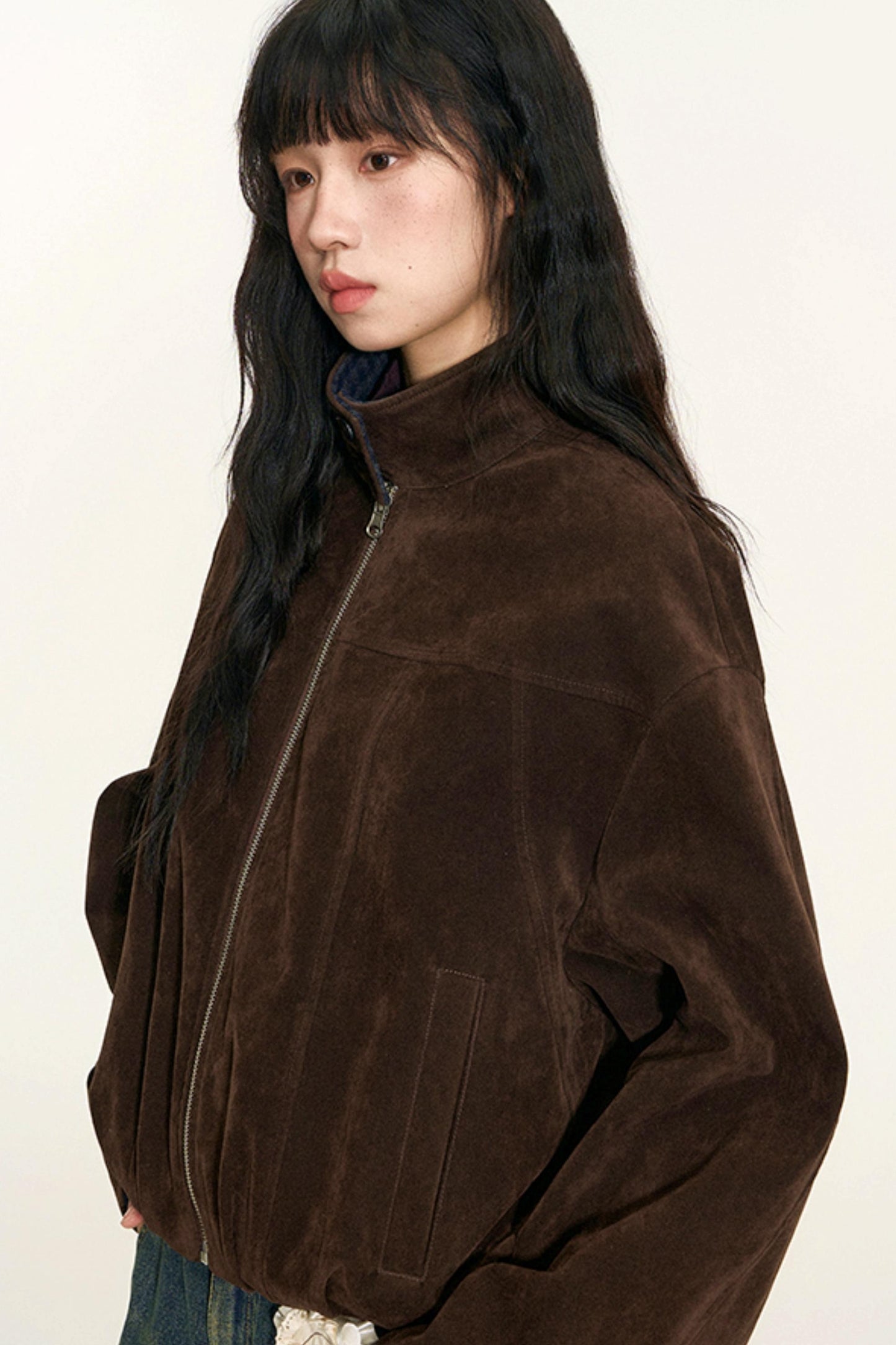 Vintage Suede Plaid Reversible Stand-Up Collar Jacket