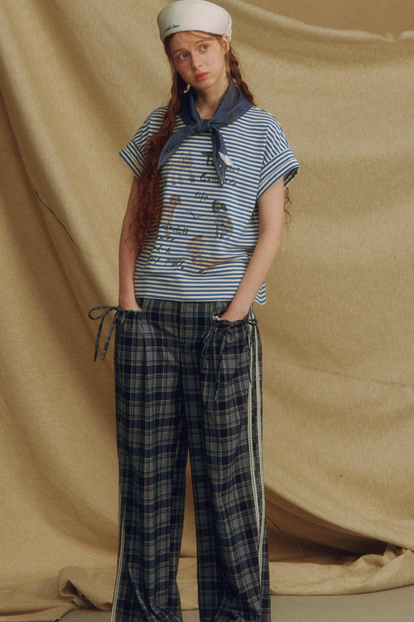 Chic Bow Tie Plaid Wide-Leg Trousers