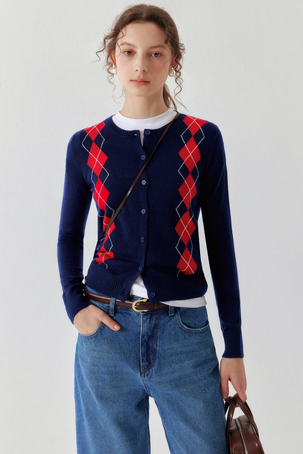 Navy Retro Check Wool Knit Cardigan
