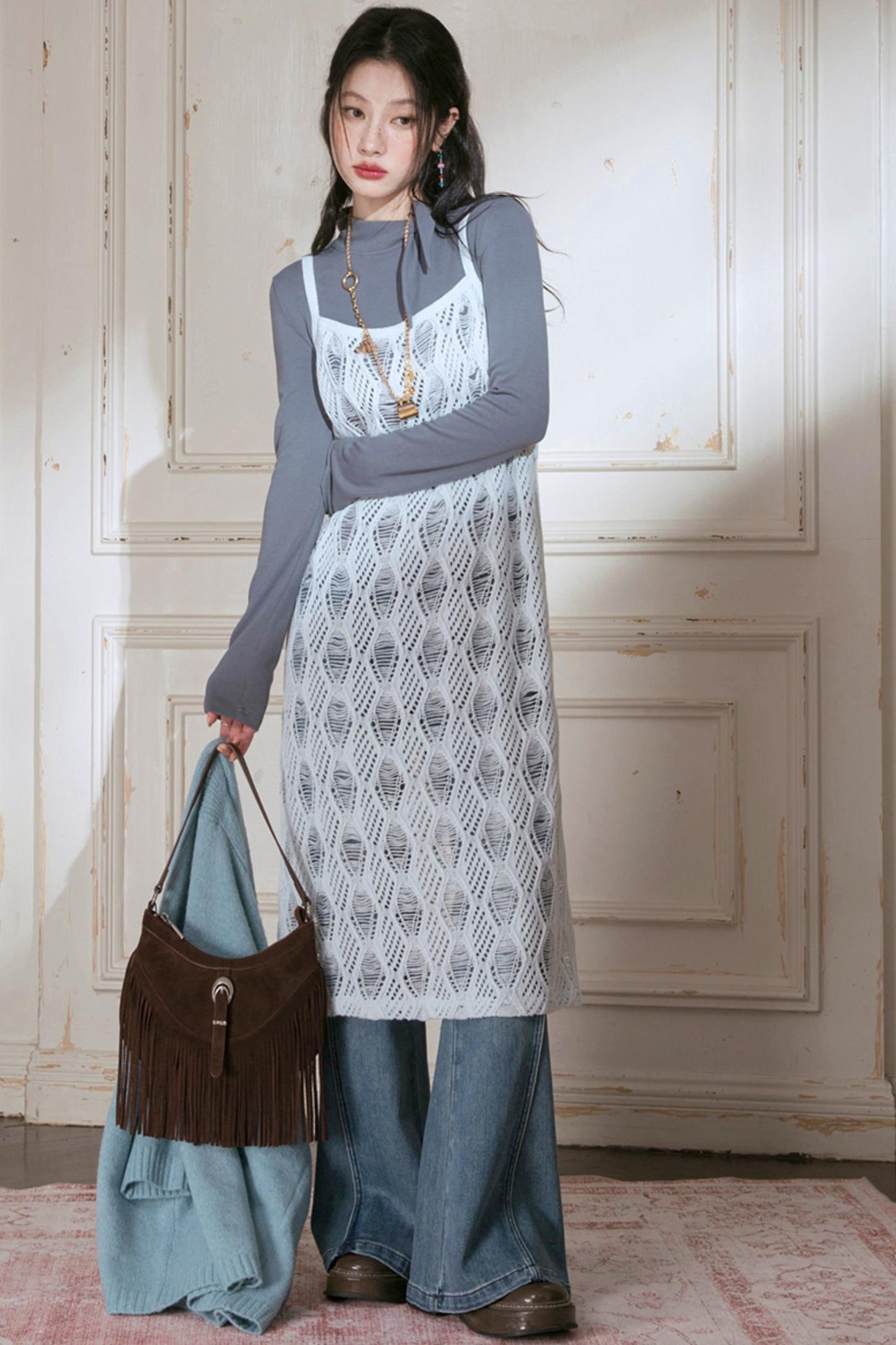 Sense Layering Gray and Blue Openwork Sundress Set