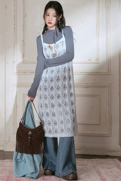 Sense Layering Gray and Blue Openwork Sundress Set