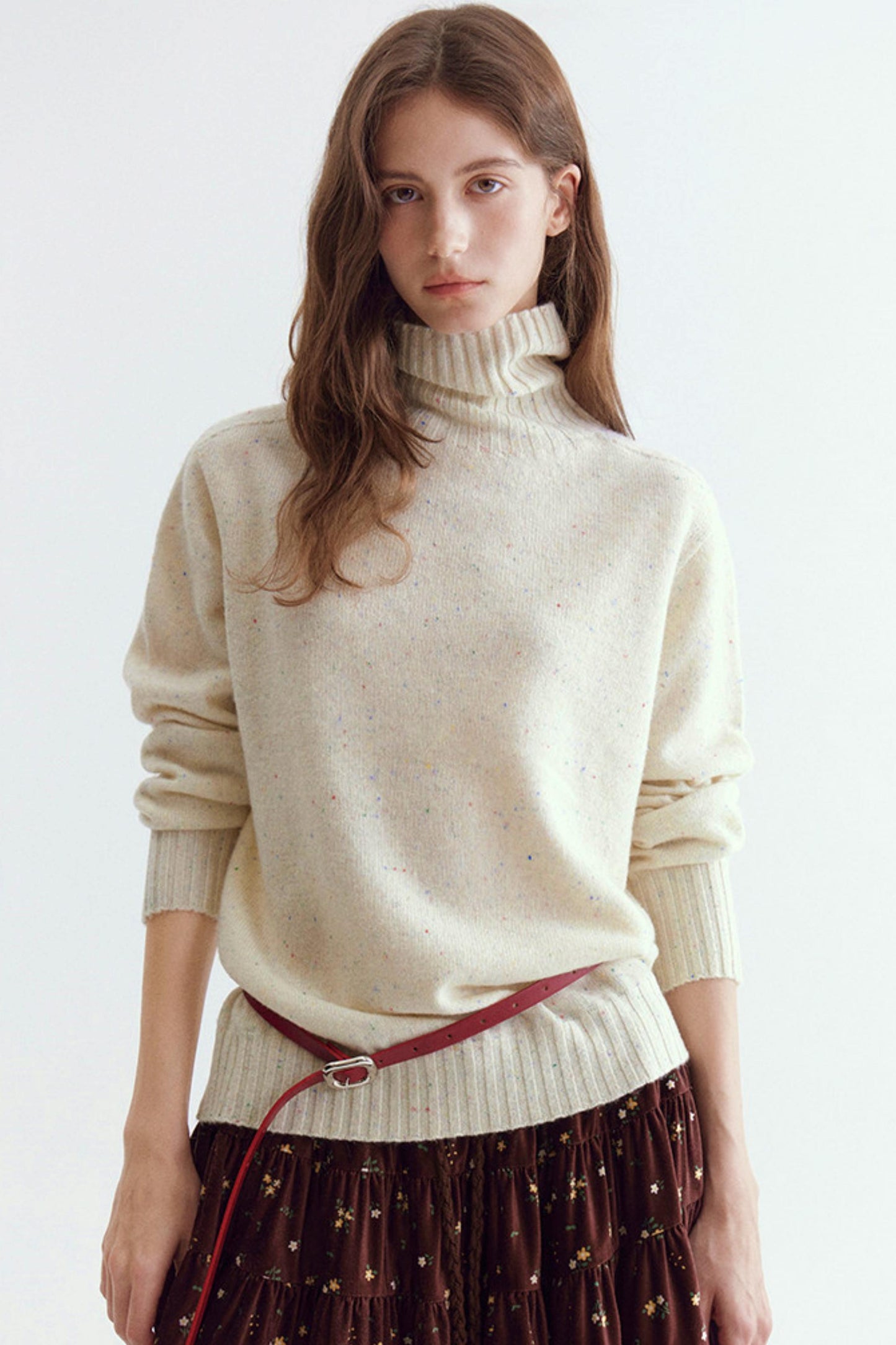 Wool Floral Yarn Turtleneck Sweater
