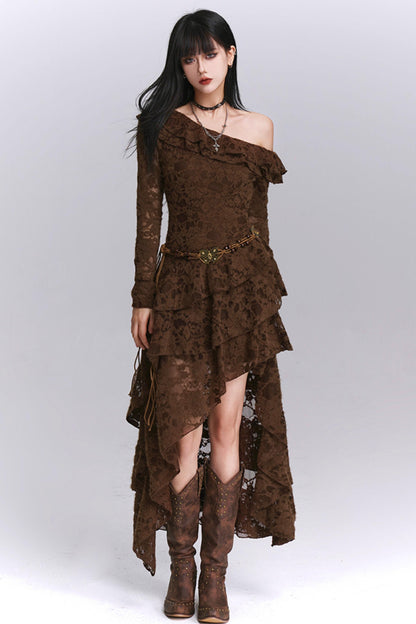 Irregular Brown Lace Off-Shoulder Dress