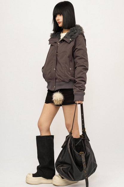 Gray Detachable Fur Collar Parka Coat