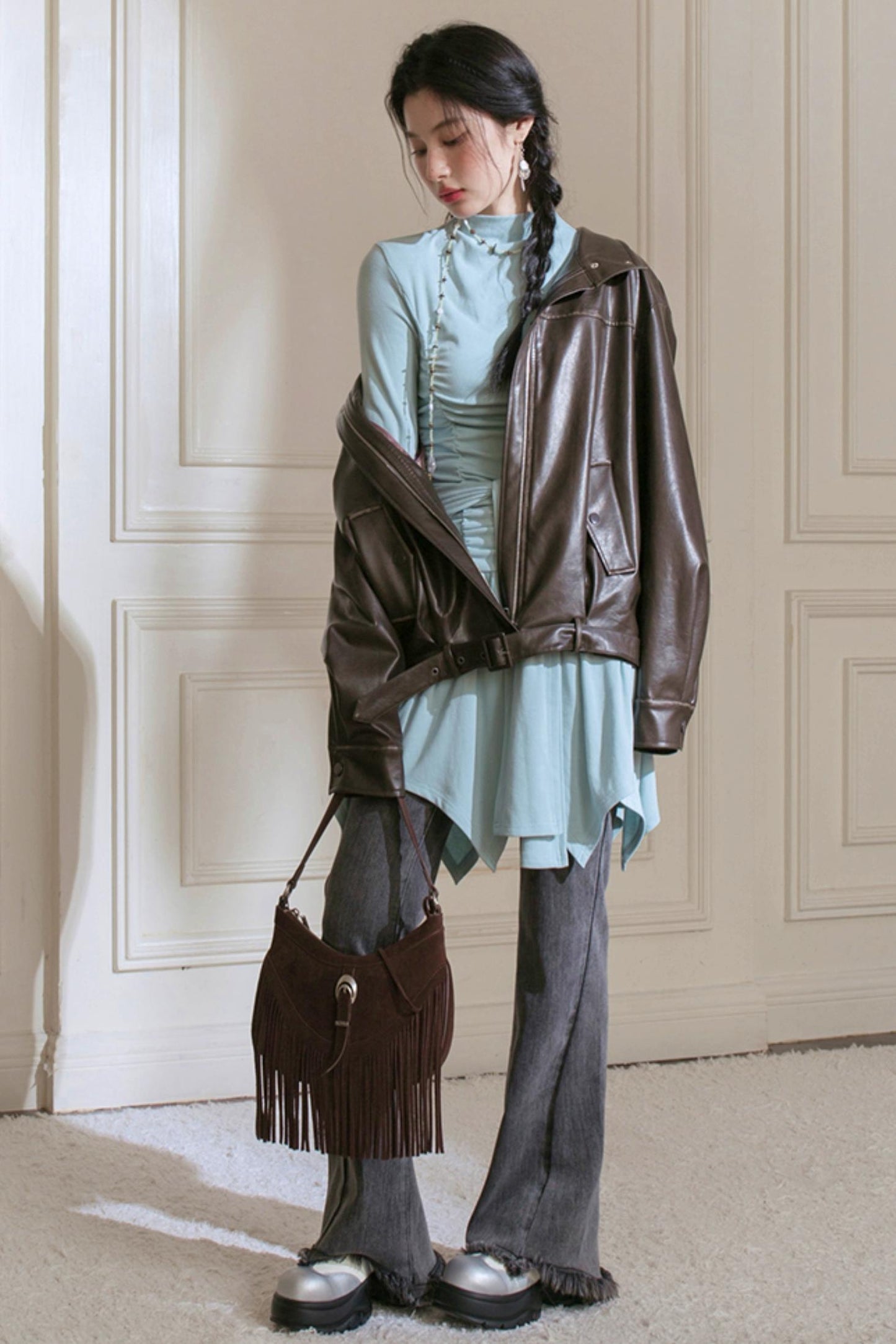 Pleated Turtleneck Dress