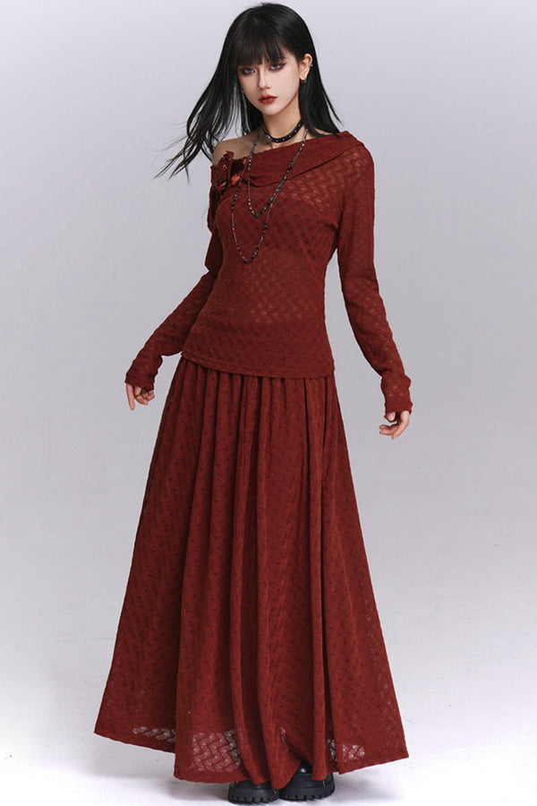 Autumn Red Shoulder Skirt Set-Up