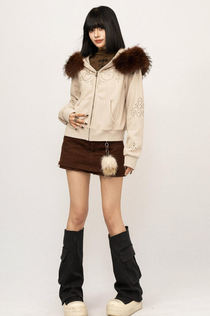 Studded Fur Collar Hooded Jacket