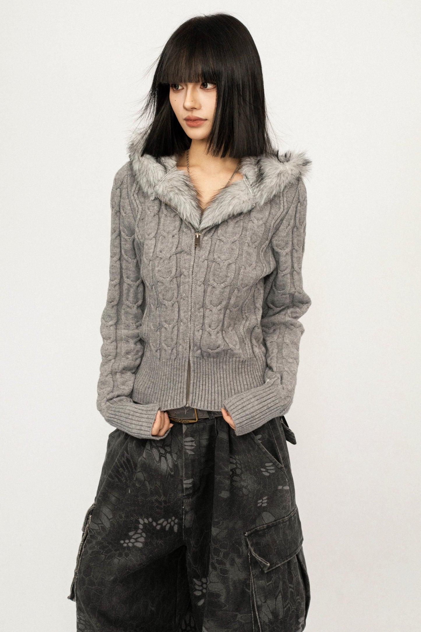 Retro Cable Knit Hooded Cardigan