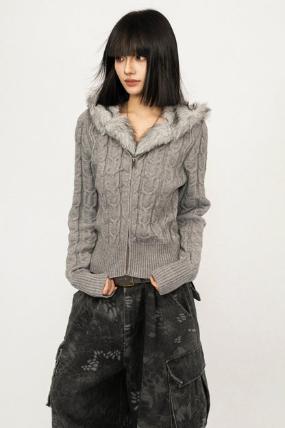 Retro Cable Knit Hooded Cardigan