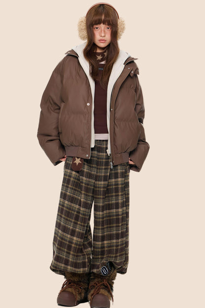 Color-Blocked Leather Hooded Jacket