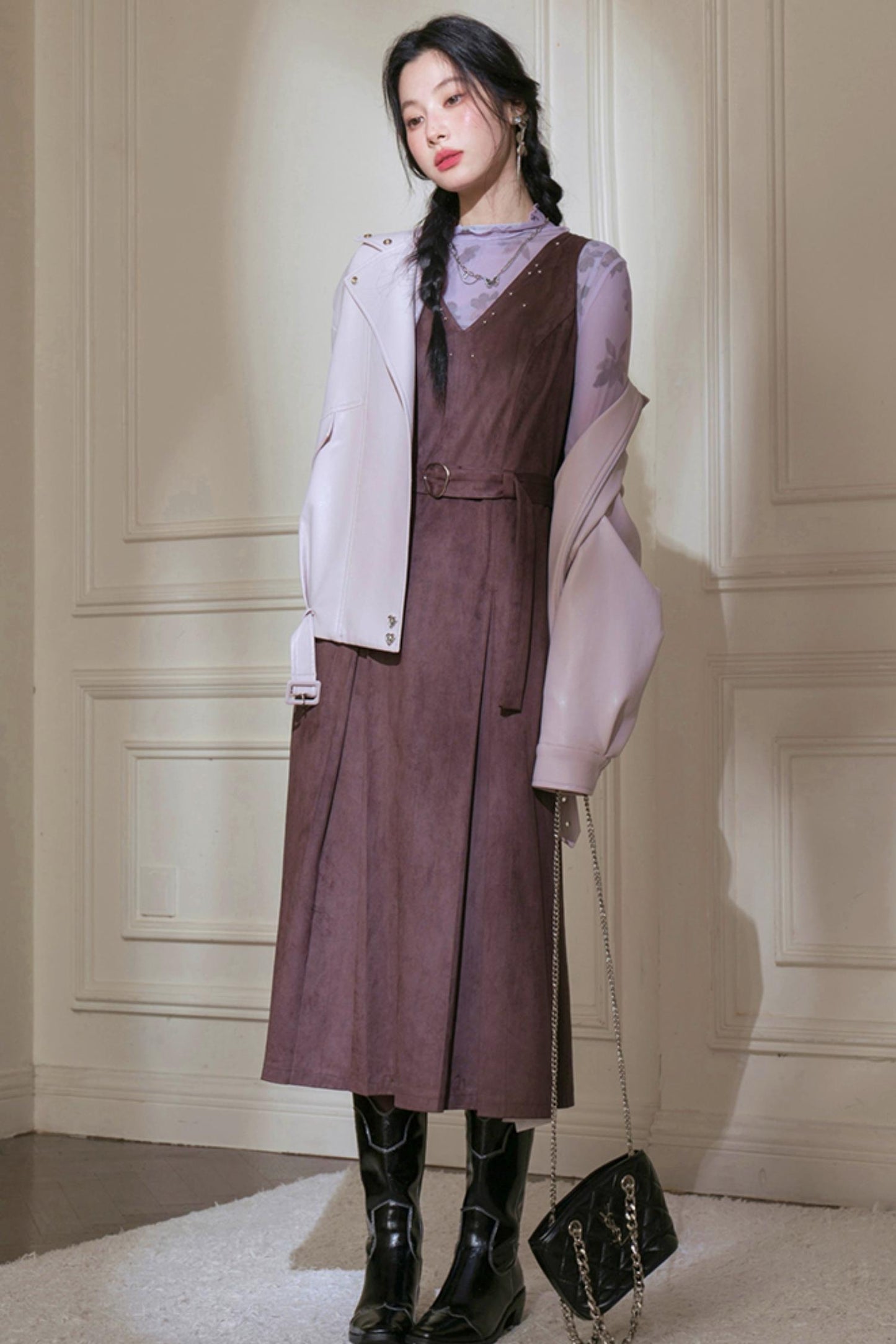 Grey Studded Deerskin Vest Dress