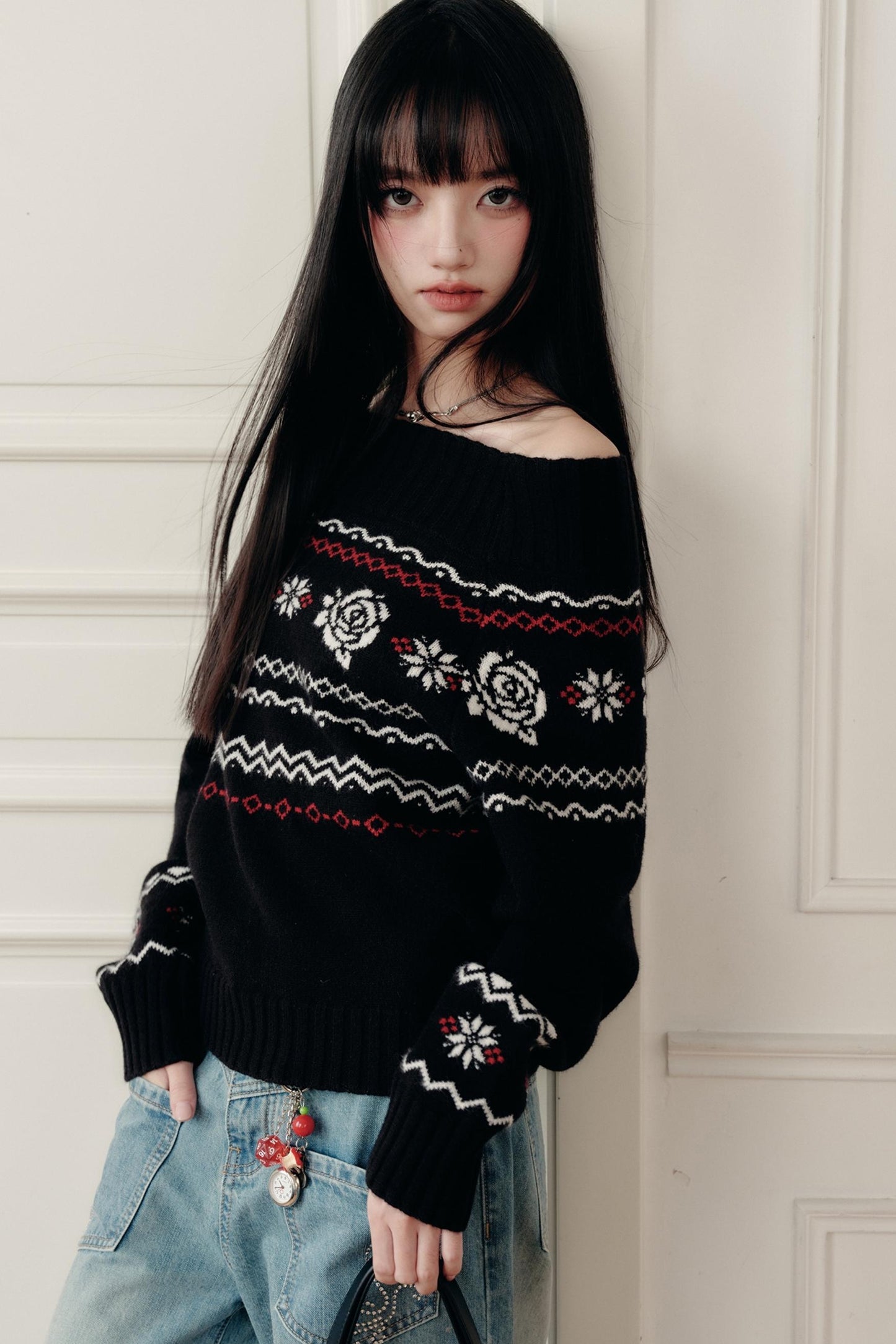 Fair Rose Jacquard One-Shoulder Sweater