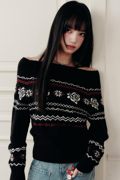 Fair Rose Jacquard One-Shoulder Sweater