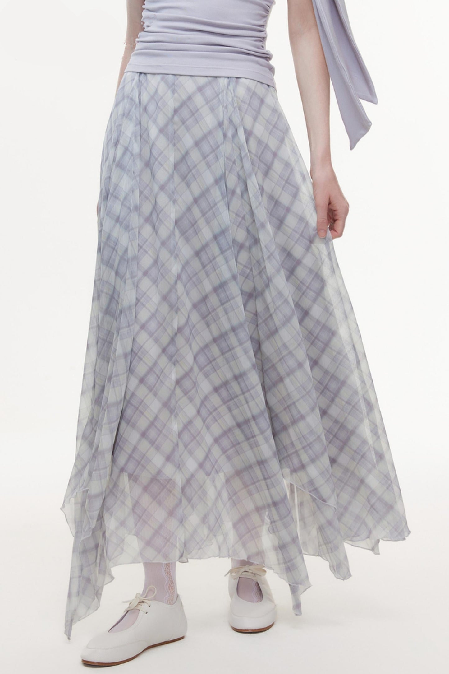 Irregular Plaid Chiffon Bustier Skirt