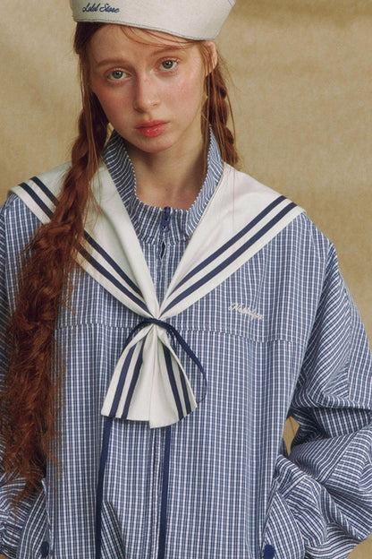 Navy Collar Plaid Jacket Set-Up