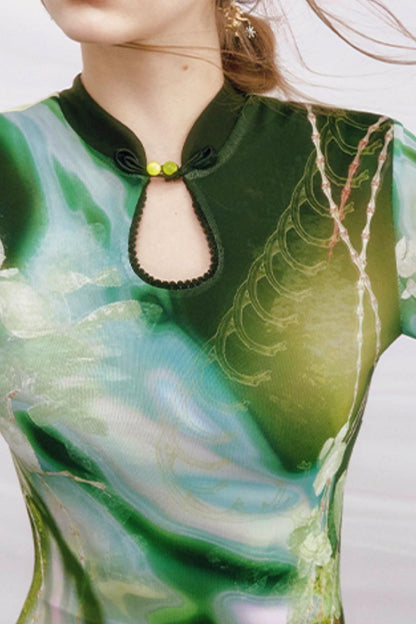 Golden Pearl Impressionist Cheongsam Dress