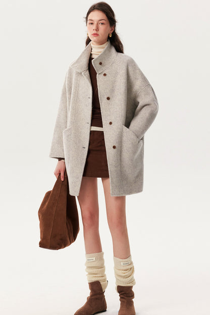 French Woolen Stand-Up Collar Coat