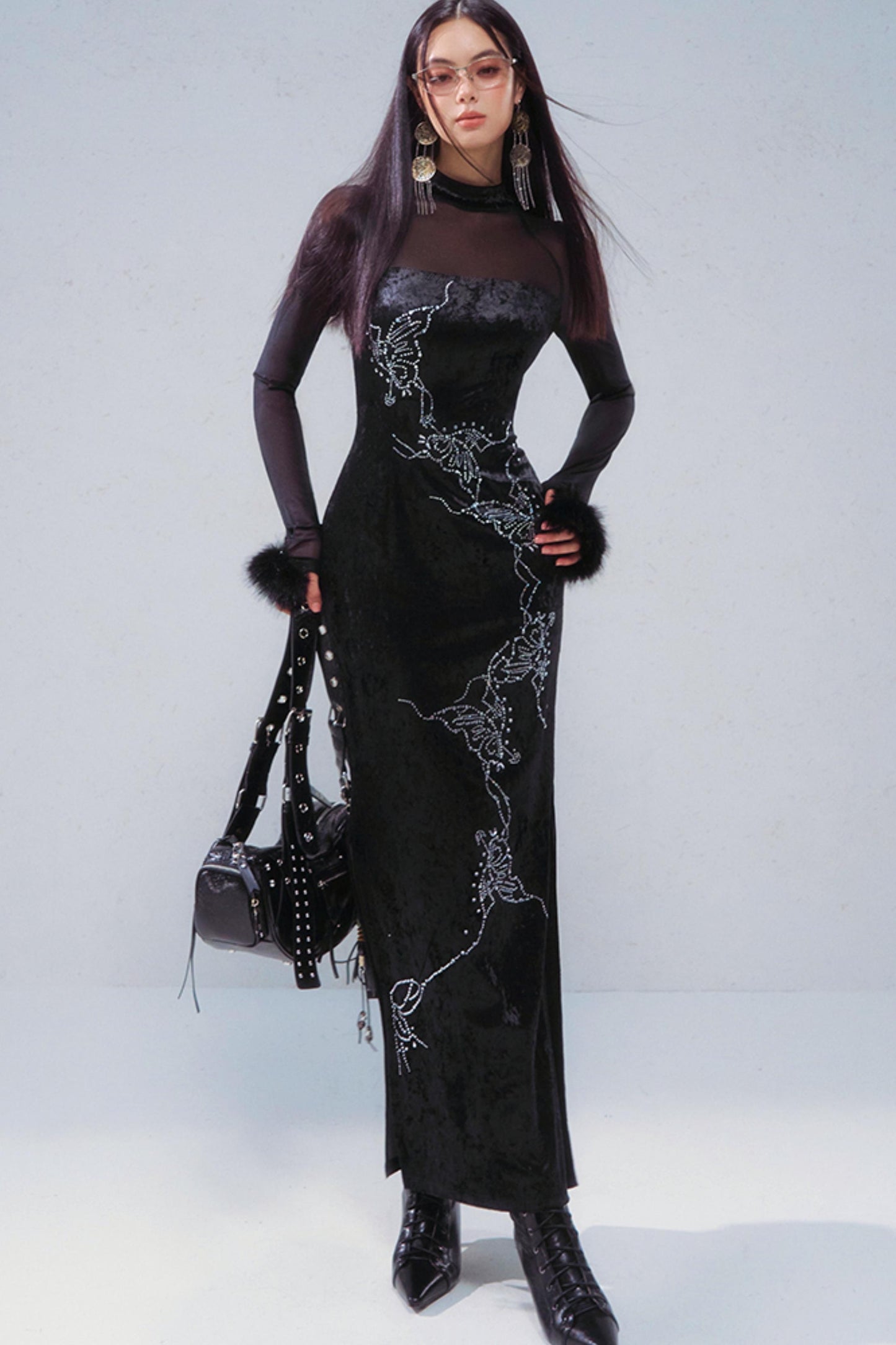 Butterfly Rhinestone Velvet Dress