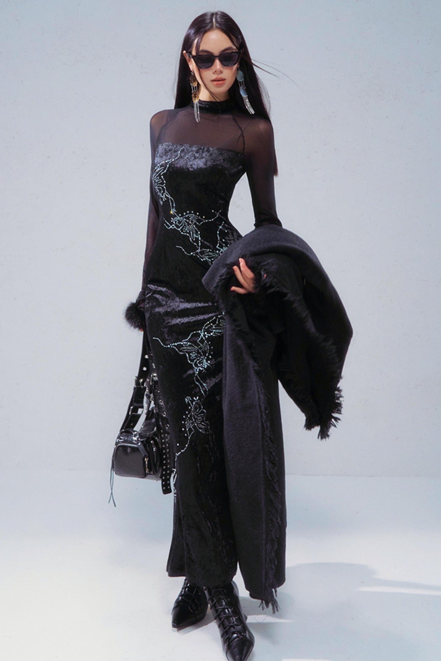 Butterfly Rhinestone Velvet Dress