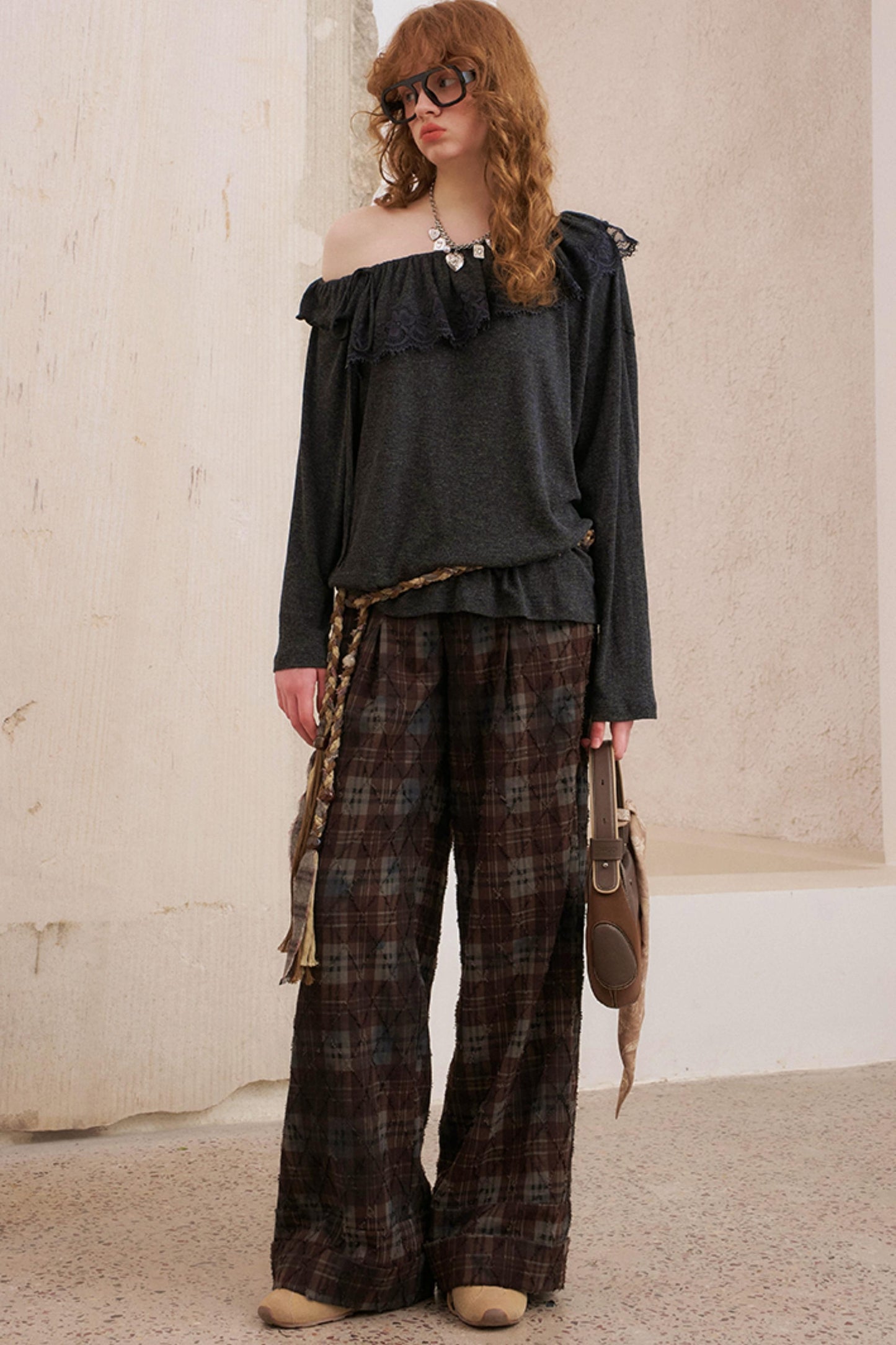 Textured Plaid Boho Slacks