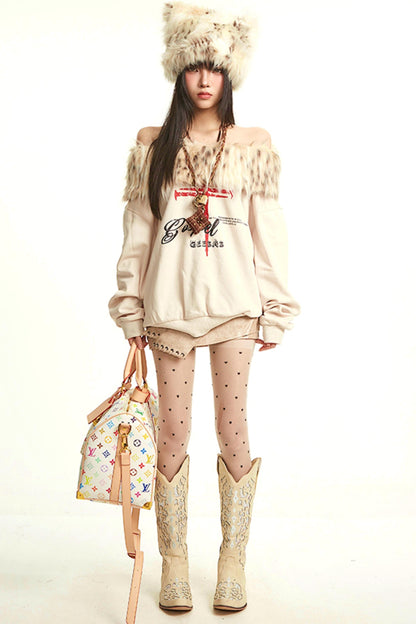 Retro Apricot Fur Collar Sweatshirt