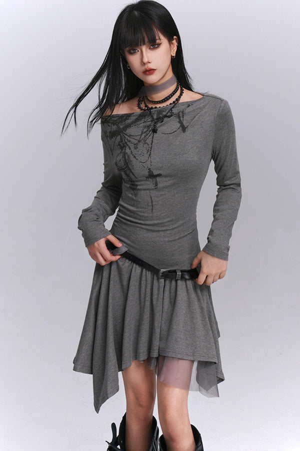 Gray Off-Shoulder Autumn Dress