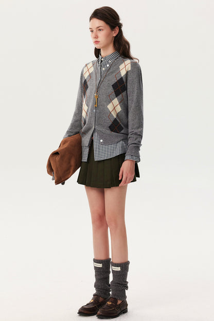 Wool Argyle Knit Cardigan Shirt Set-Up