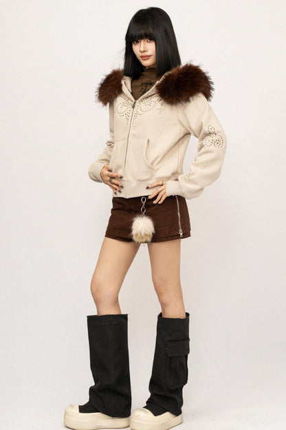 Studded Fur Collar Hooded Jacket