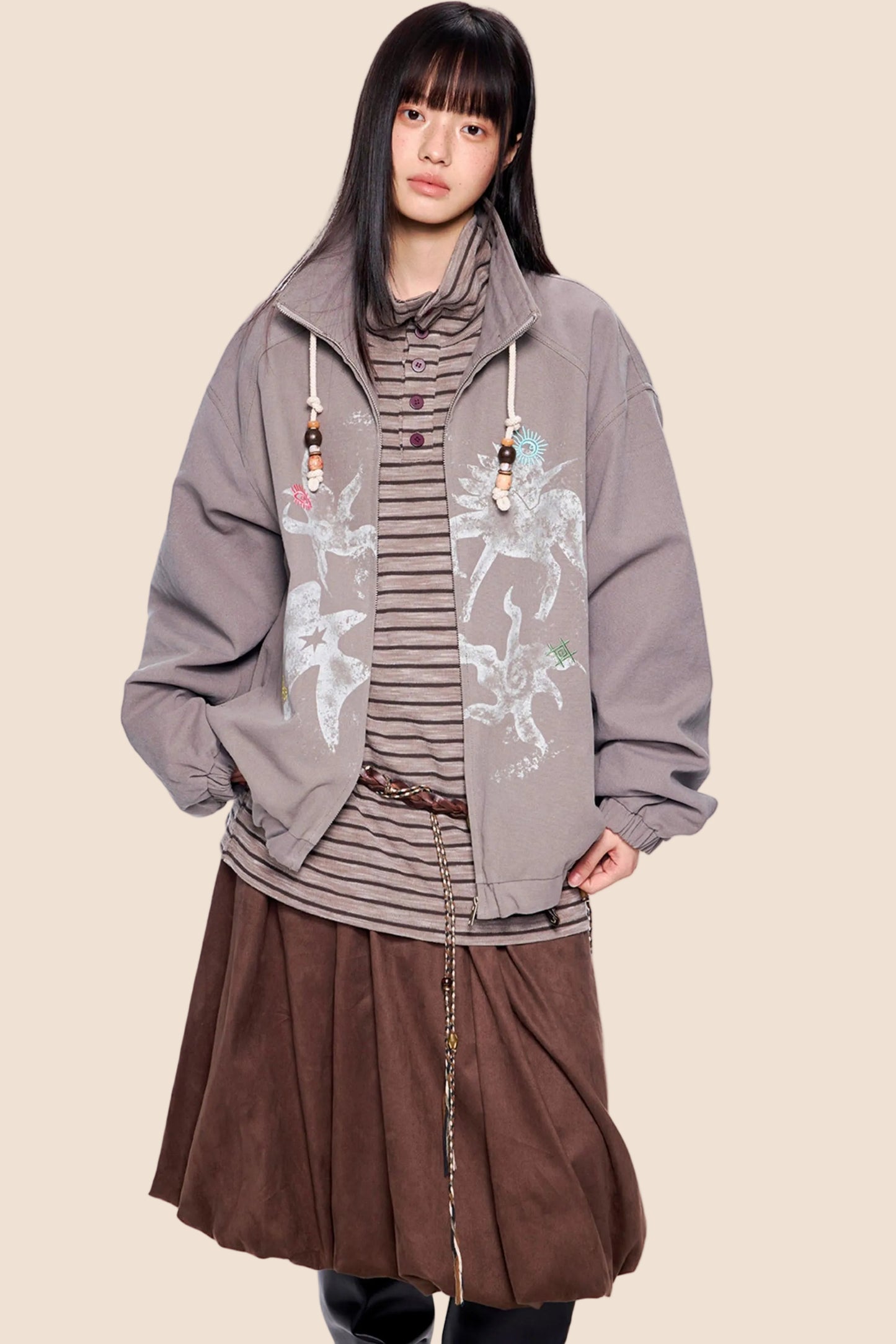 Patterned Retro Stand-Up Collar Jacket