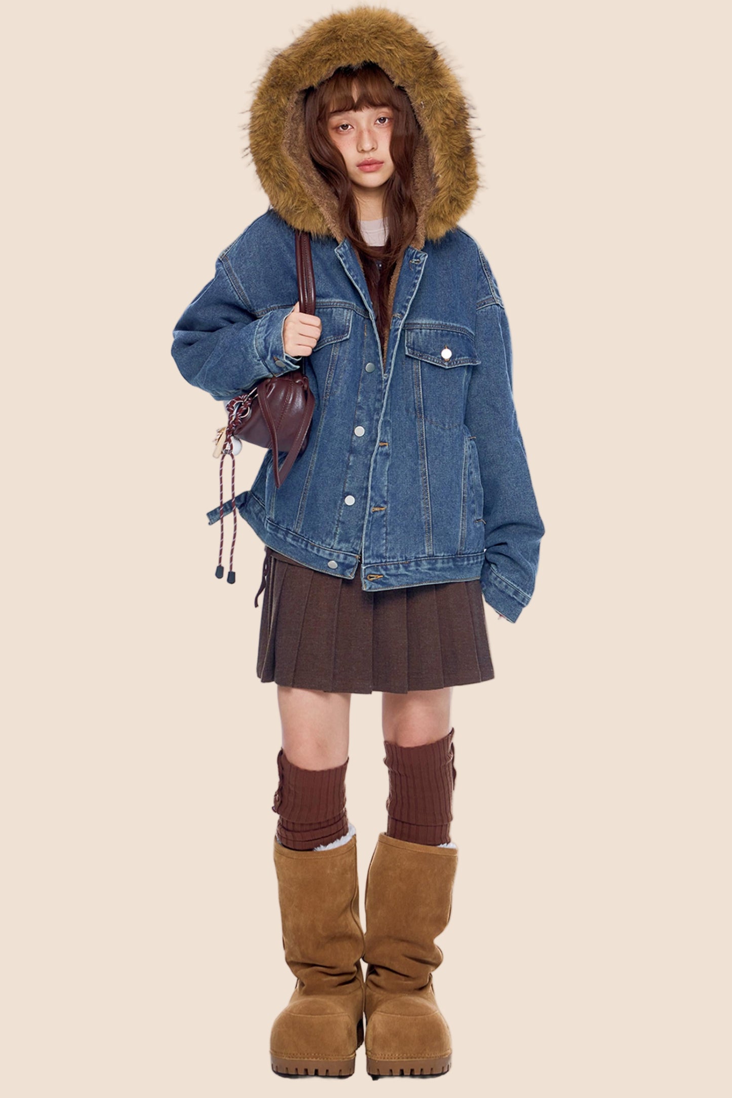 Fur Collar Hooded Denim Jacket