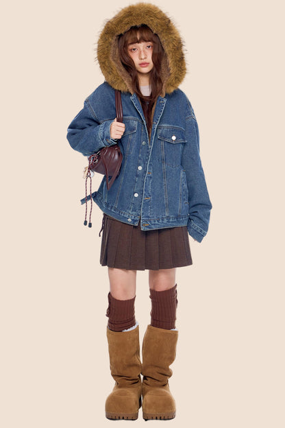 Fur Collar Hooded Denim Jacket