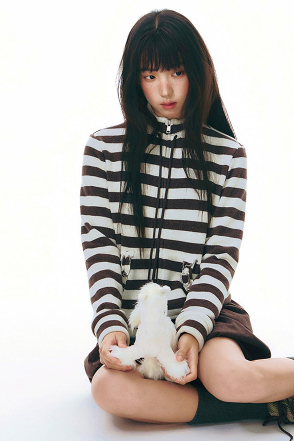 Stand-Up Striped Sweatshirt Jacket Set-Up