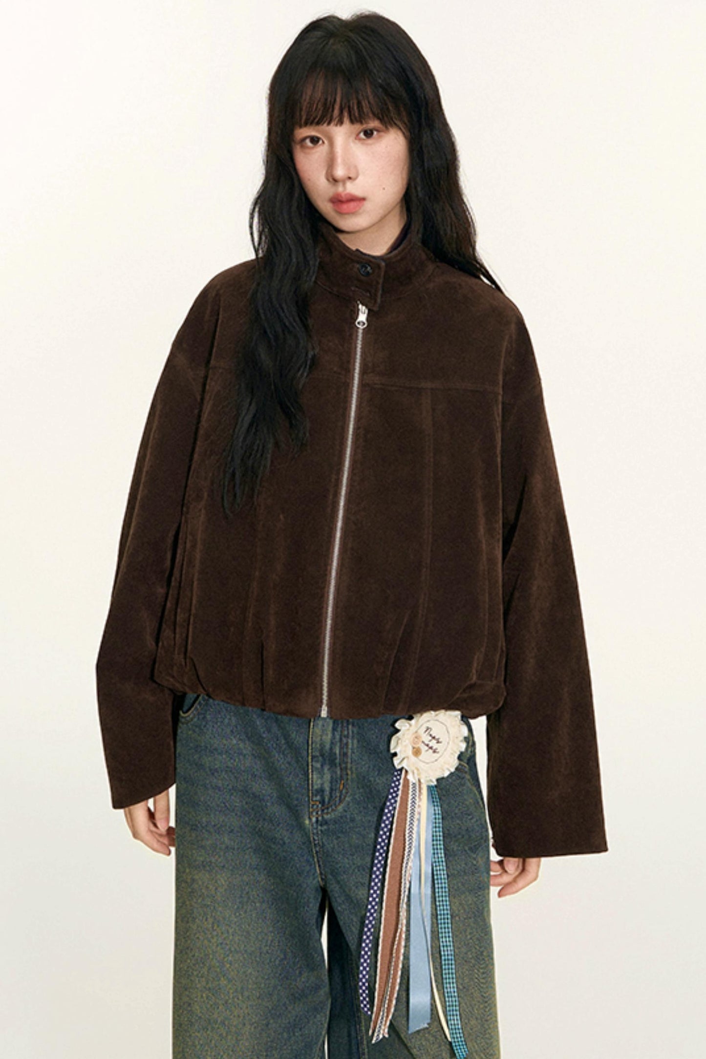 Vintage Suede Plaid Reversible Stand-Up Collar Jacket