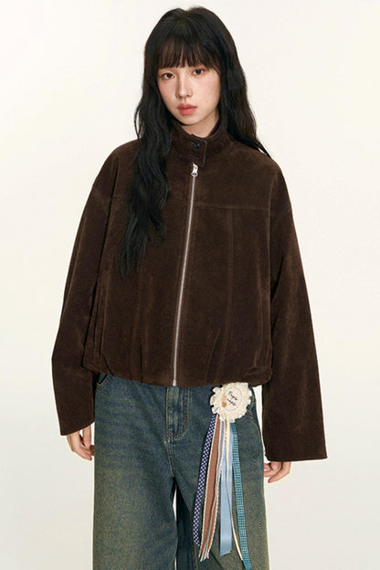 Vintage Suede Plaid Reversible Stand-Up Collar Jacket