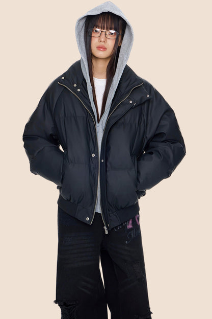 Color-Blocked Leather Hooded Jacket