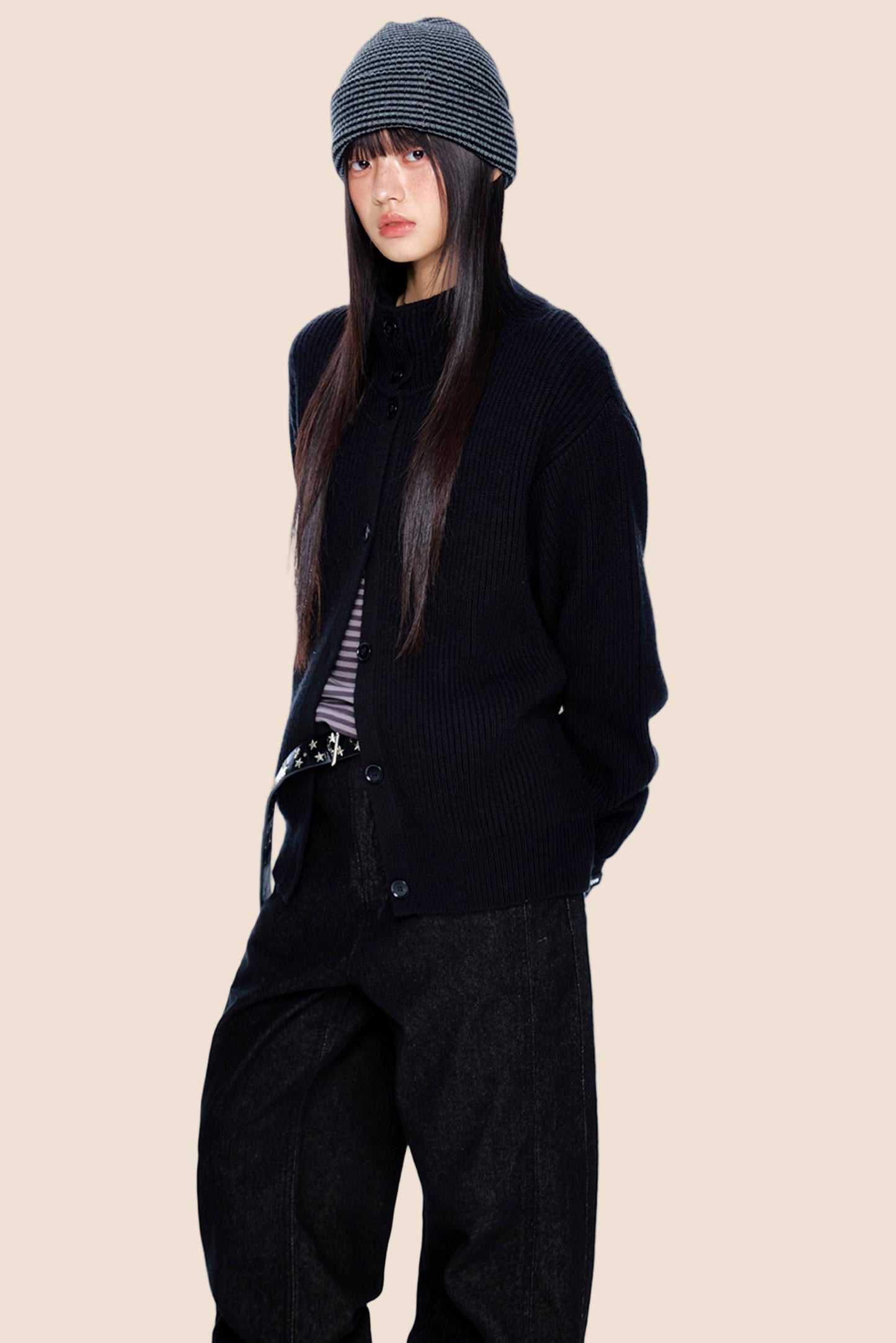 High-Neck Retro Knit Cardigan