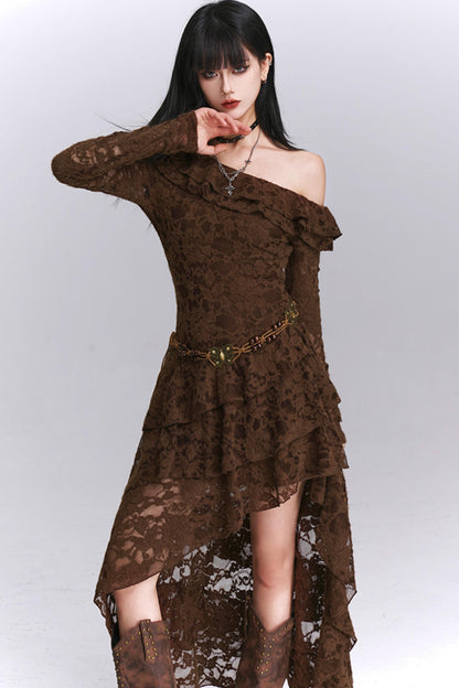 Irregular Brown Lace Off-Shoulder Dress