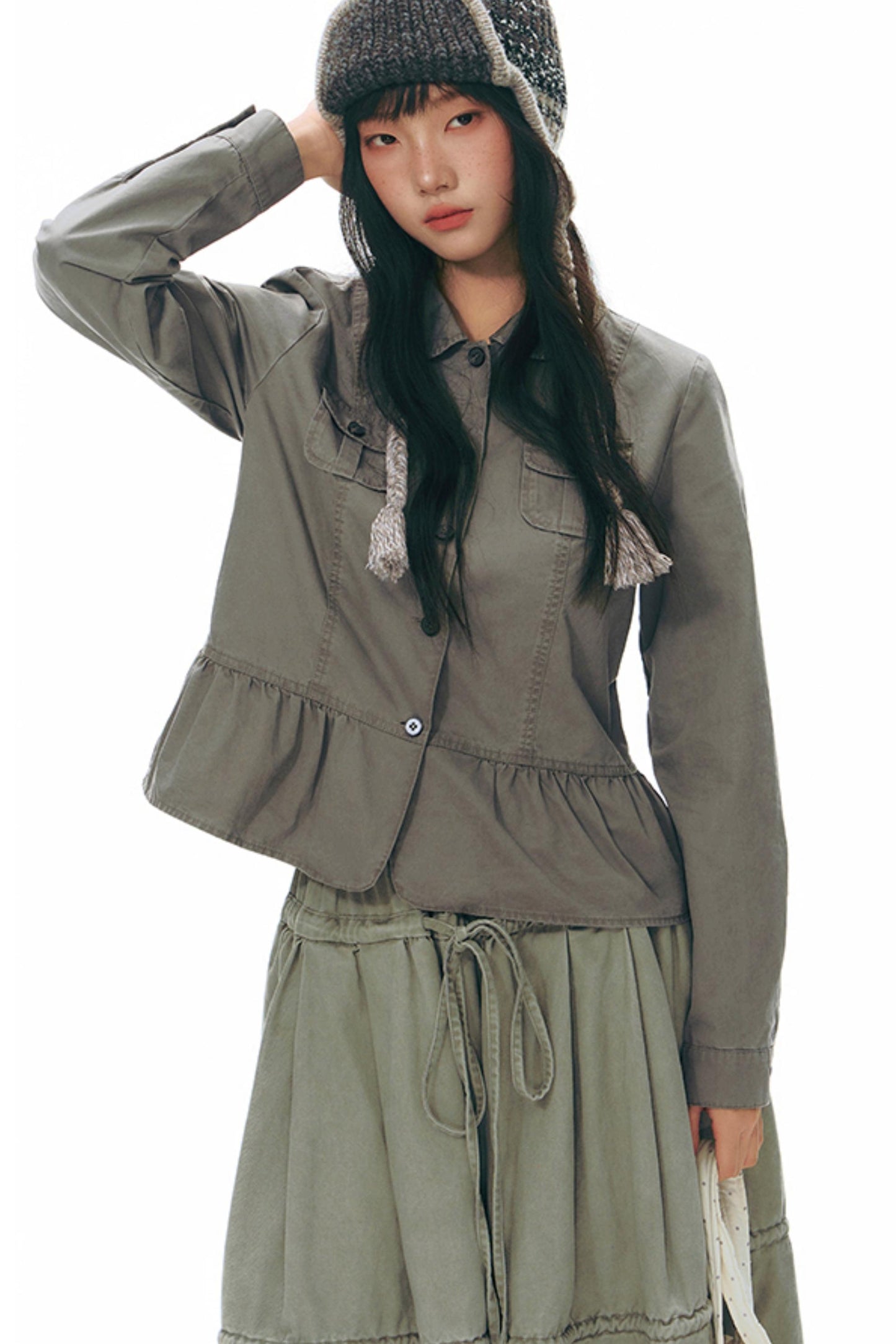 Distressed Doll Collar Cargo Coat