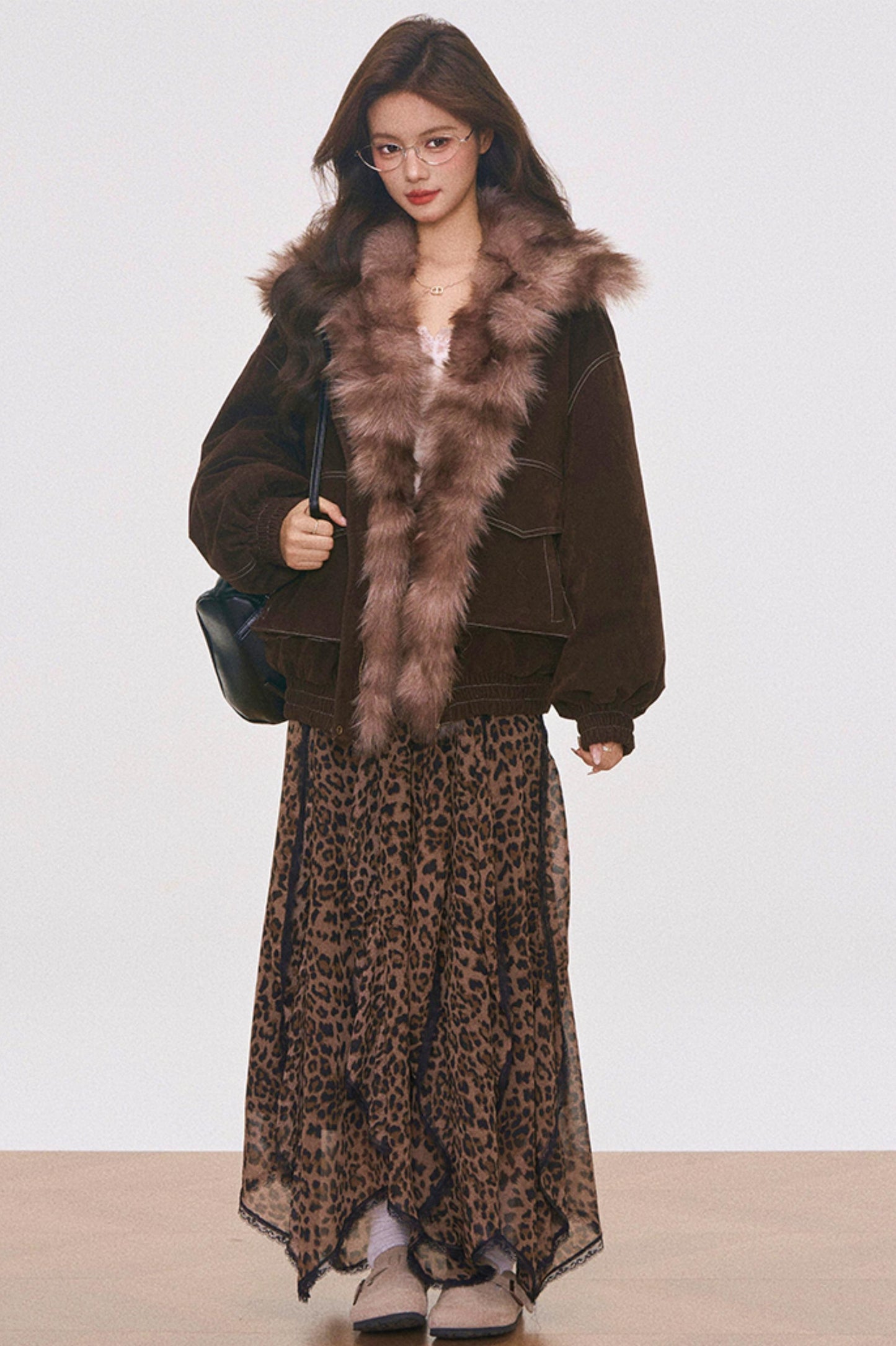 Brown Suede Fur Jacket and Leopard Skirt Set-Up