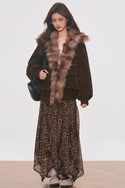 Brown Suede Fur Jacket and Leopard Skirt Set-Up