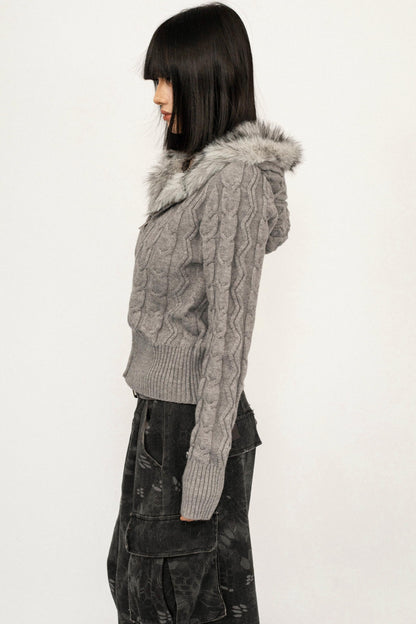 Retro Cable Knit Hooded Cardigan