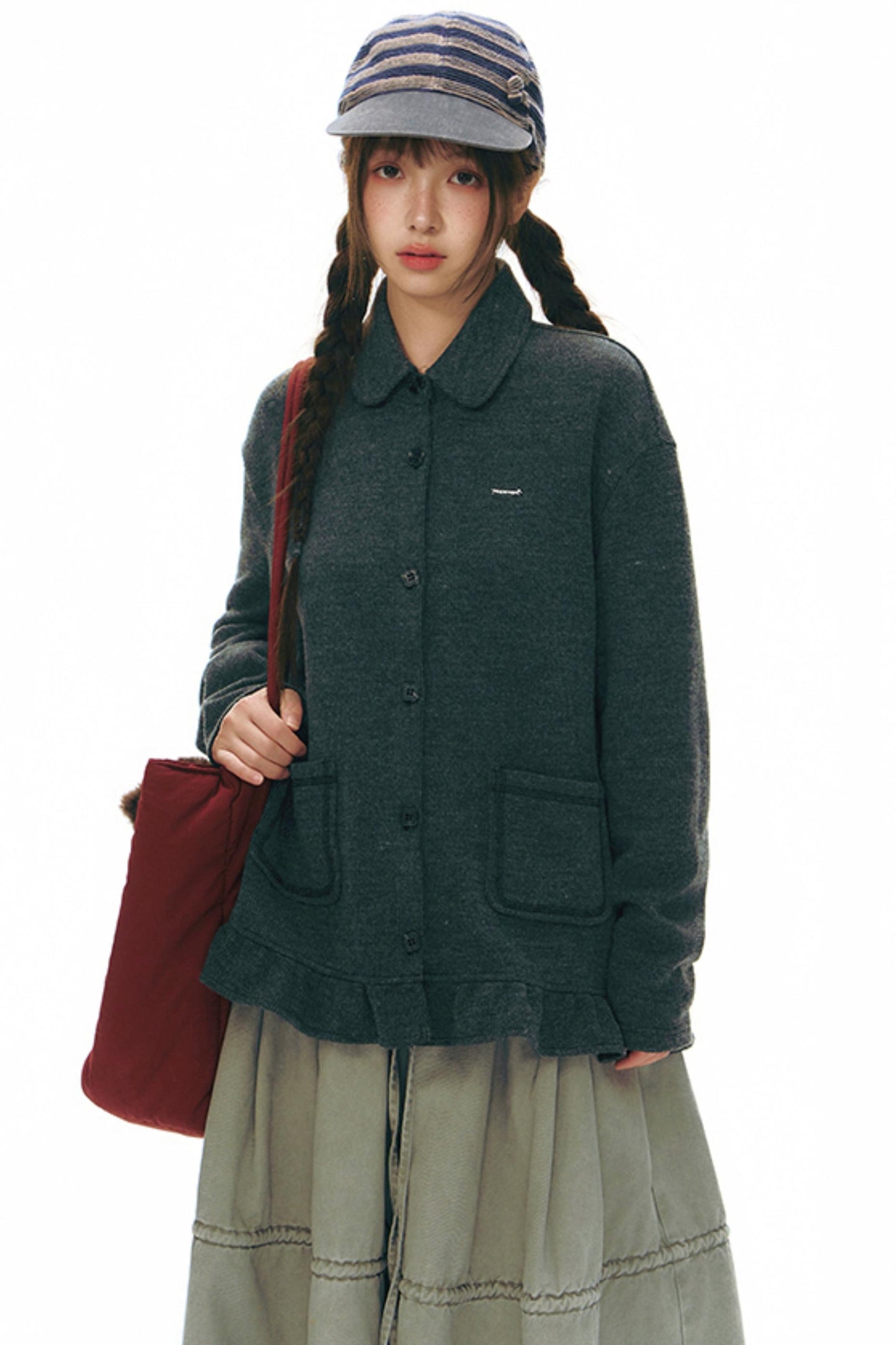 Ruffled Knitted Gray Texture Top